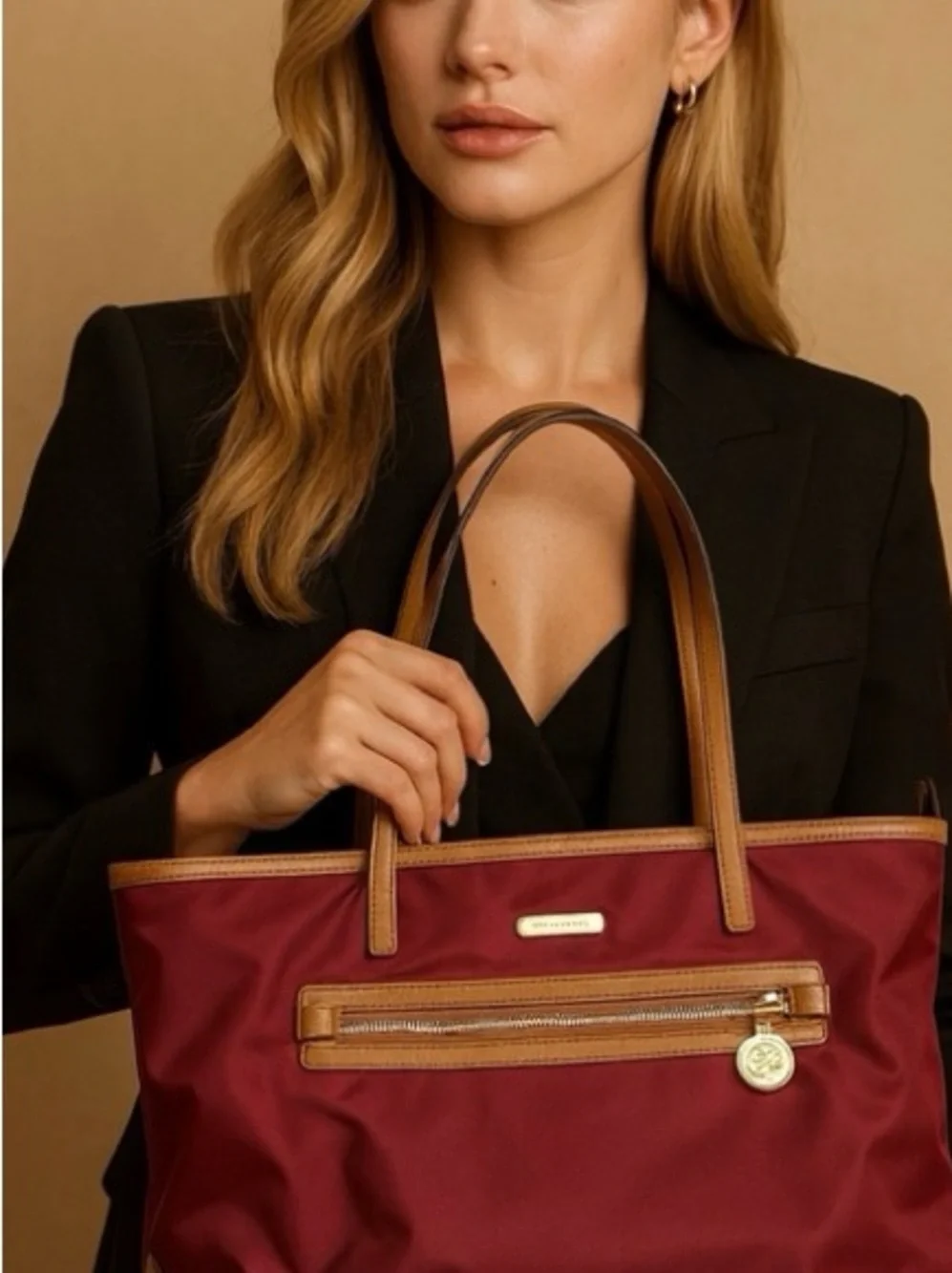 Michael Kors Kempton Beige Nylon Zippered Tote Bag Logo Large Burgandy